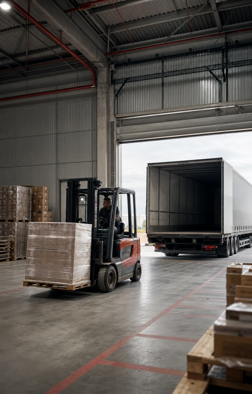 Modern depoda palet sevkiyatı yapan forklift ve yükleme operasyonu